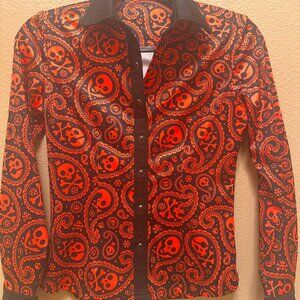 Kids Skull Paisley Orange Button Down Long Sleeve Shirts Western Size L